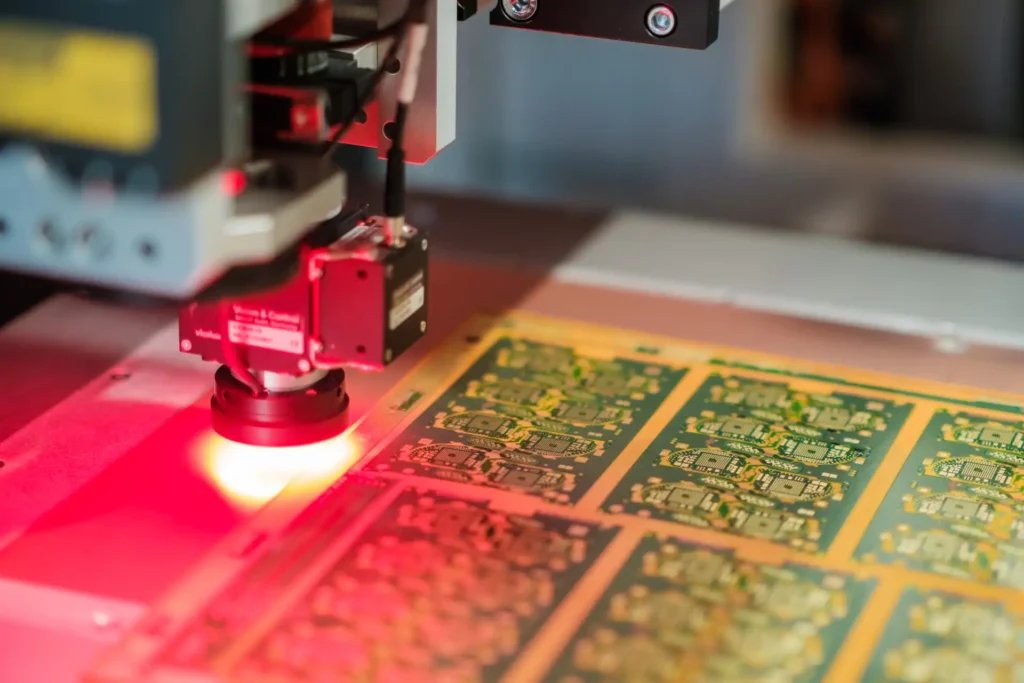  Laser cutting process on a printed circuit board, showing precise contour cutting using laser technology